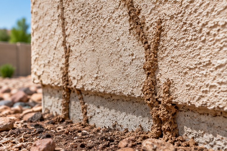 Illustrative example of soil-colored termite shelter tubes along an exterior foundation.