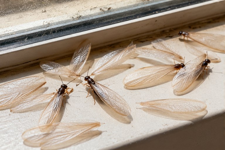 Illustrative example of discarded wings and winged termite swarmers near a window.