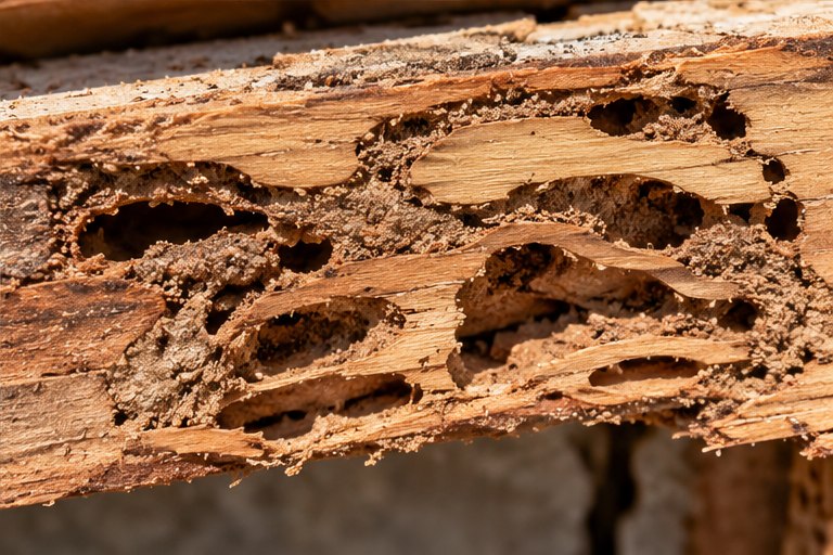Illustrative example of interior tunnels and damaged wood; damage has multiple possible causes.