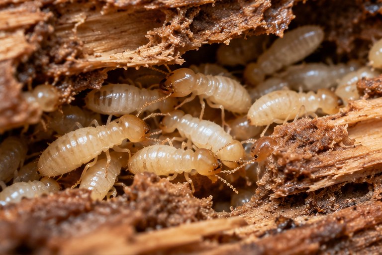 Illustrative pale subterranean termite workers in damaged wood